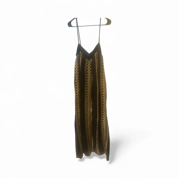 Aether Rare Black Gold Embroidered Maxi Dress S Greece 100% Cotton Boho Chic